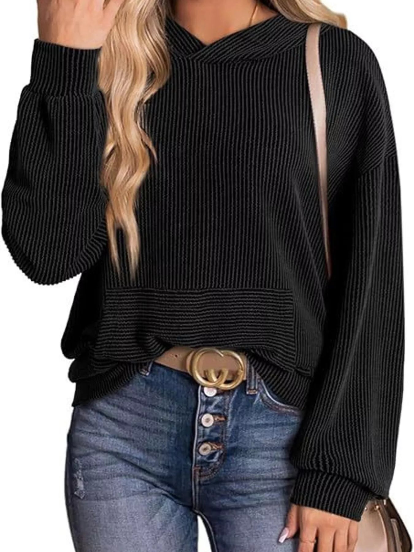 Ribbed Oversized Hoodie Sweatshirt with Pocket 