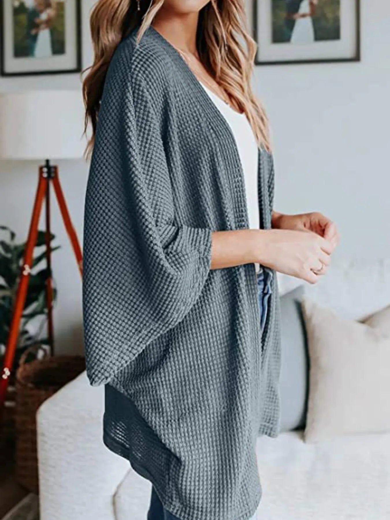 Full Size Open Front Waffle Knit Cardigan Plus Size 
