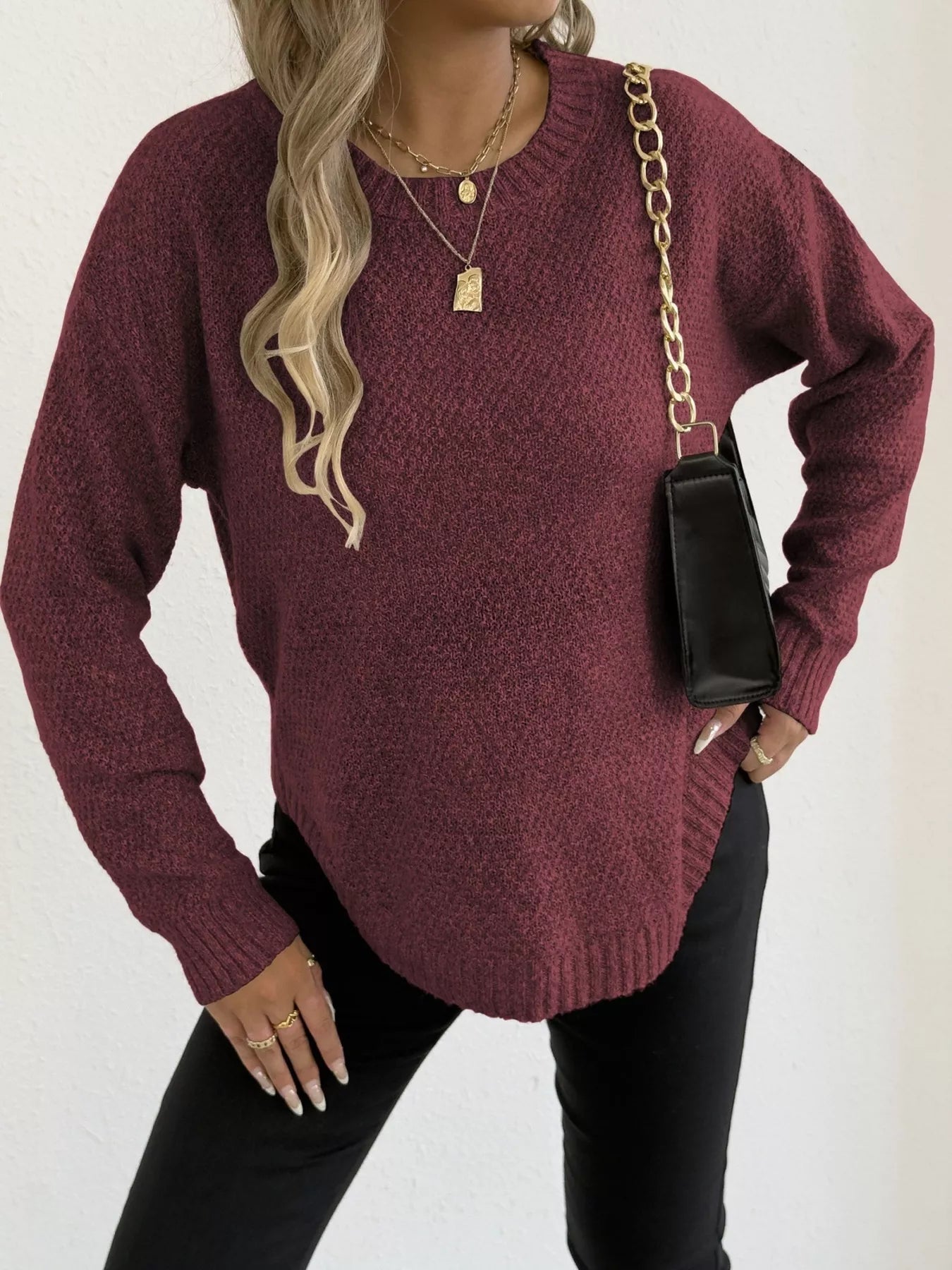 Textured Knit Relaxed Fit Round Neck Sweater 