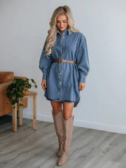 Button Up Collared Neck Long Sleeve Denim Dress 