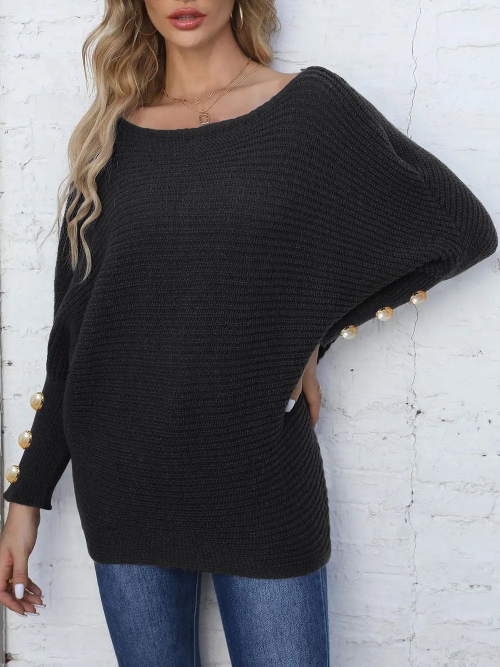 Full Size Boat Neck Long Sleeve Sweater 