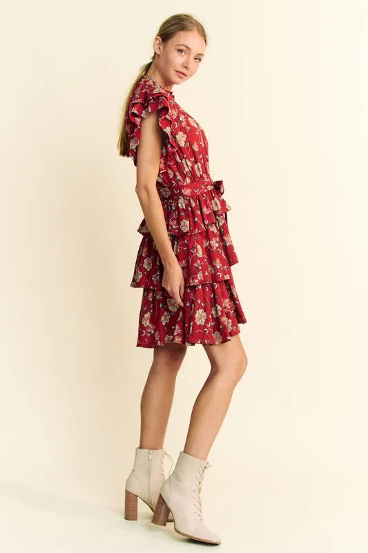 Davi & Dani Ruffle Flutter Sleeve Tie Belt Tiered Mini Dress 