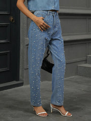 Pearl Detail Straight Jeans with Pockets 