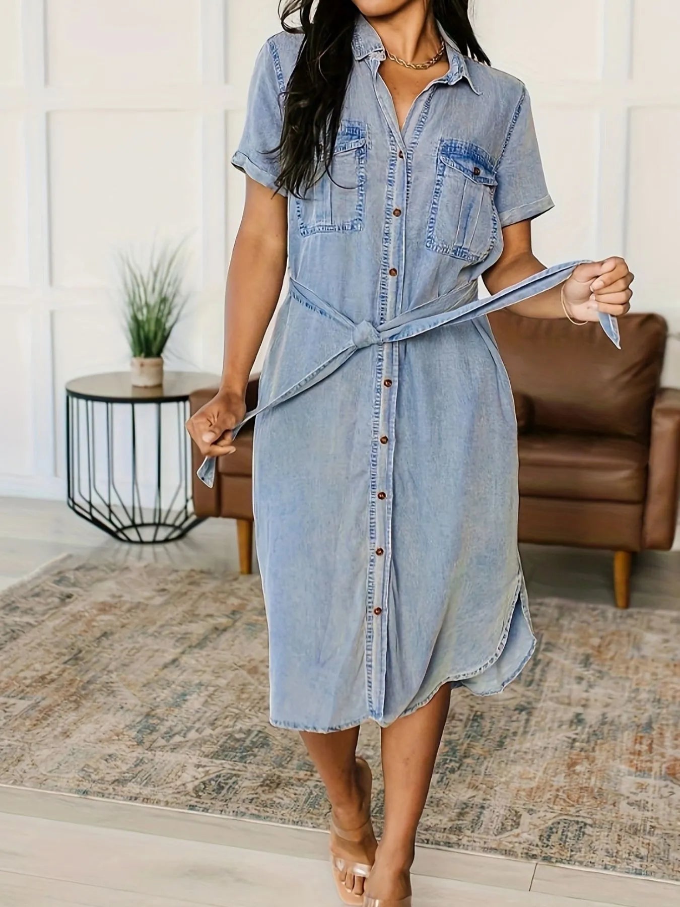 Button Front Short Sleeve Denim Dress 