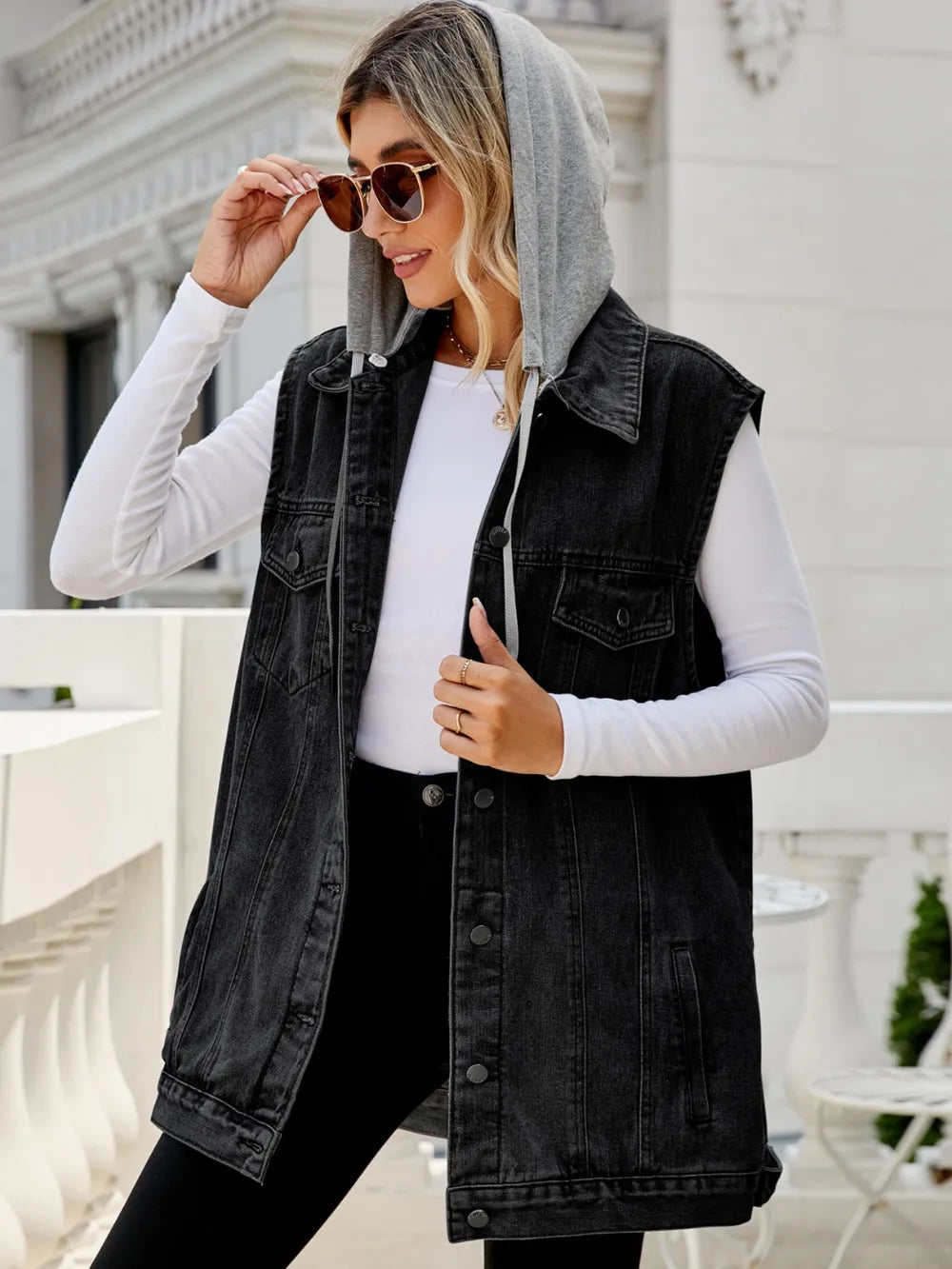 Drawstring Pocketed Button Up Sleeveless Denim Jacket 