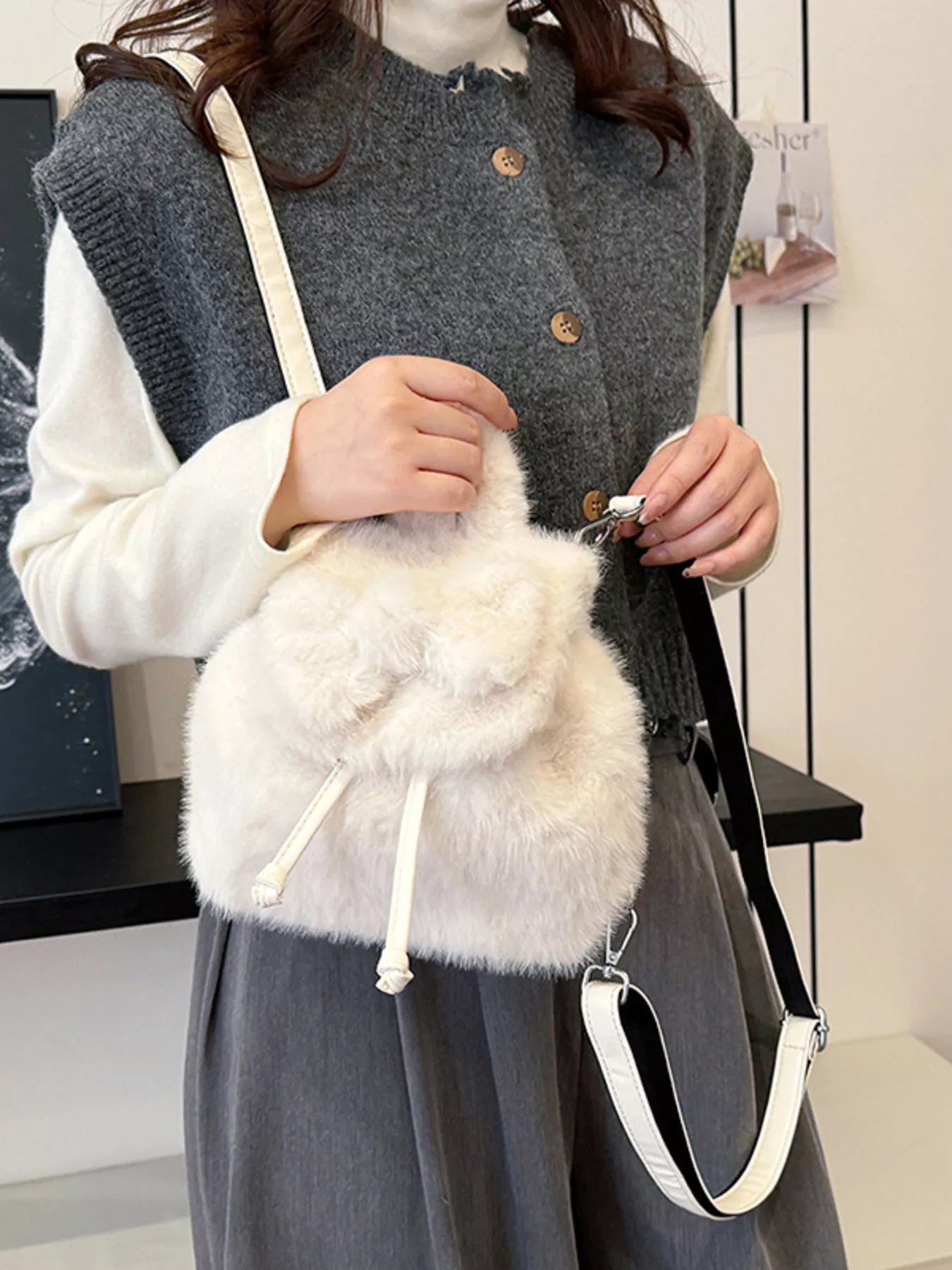 Fuzzy Plush Drawstring Backpack Bag 
