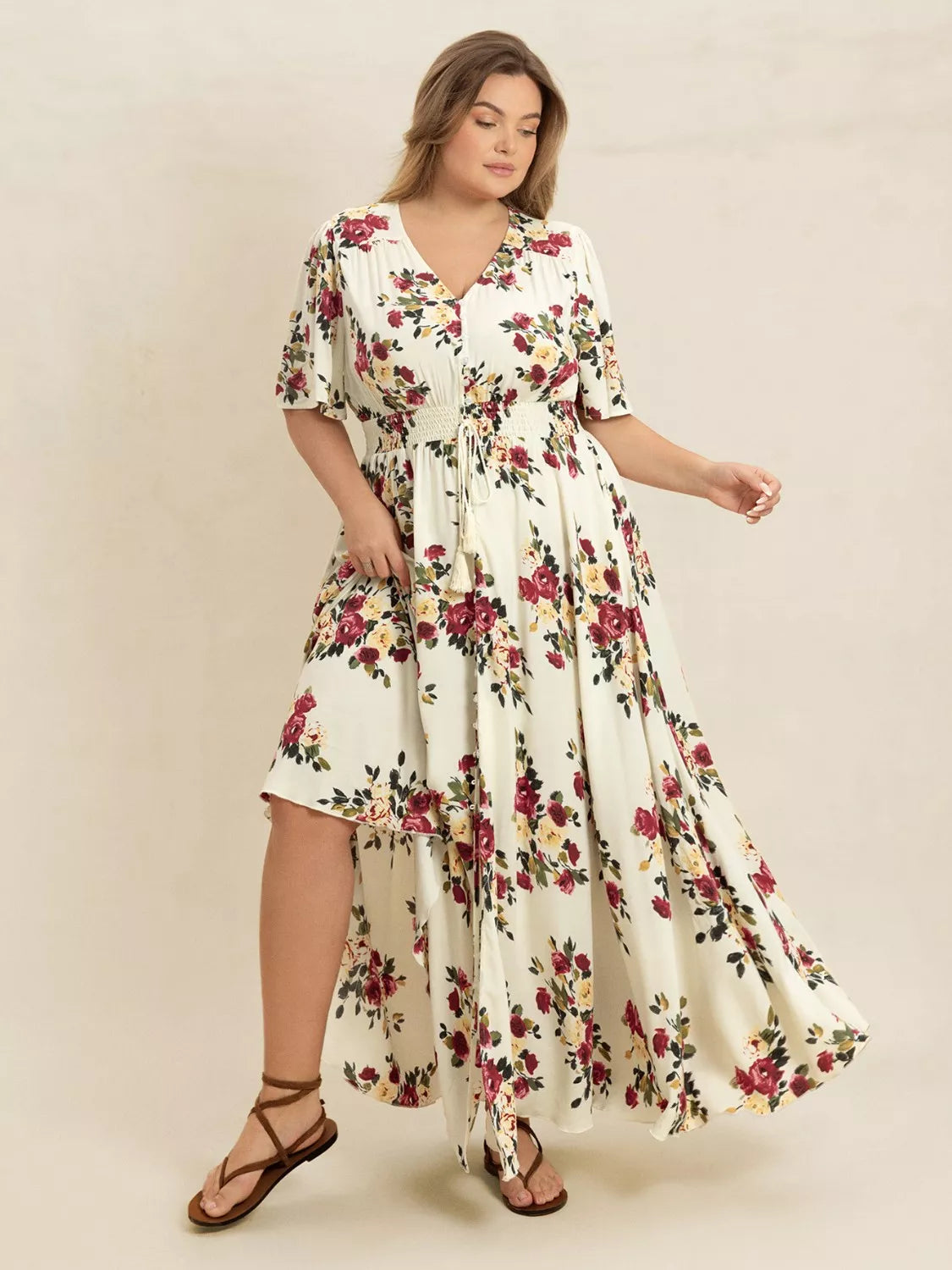 Plus Size Floral Flutter Sleeve Maxi Dress with Button Front 