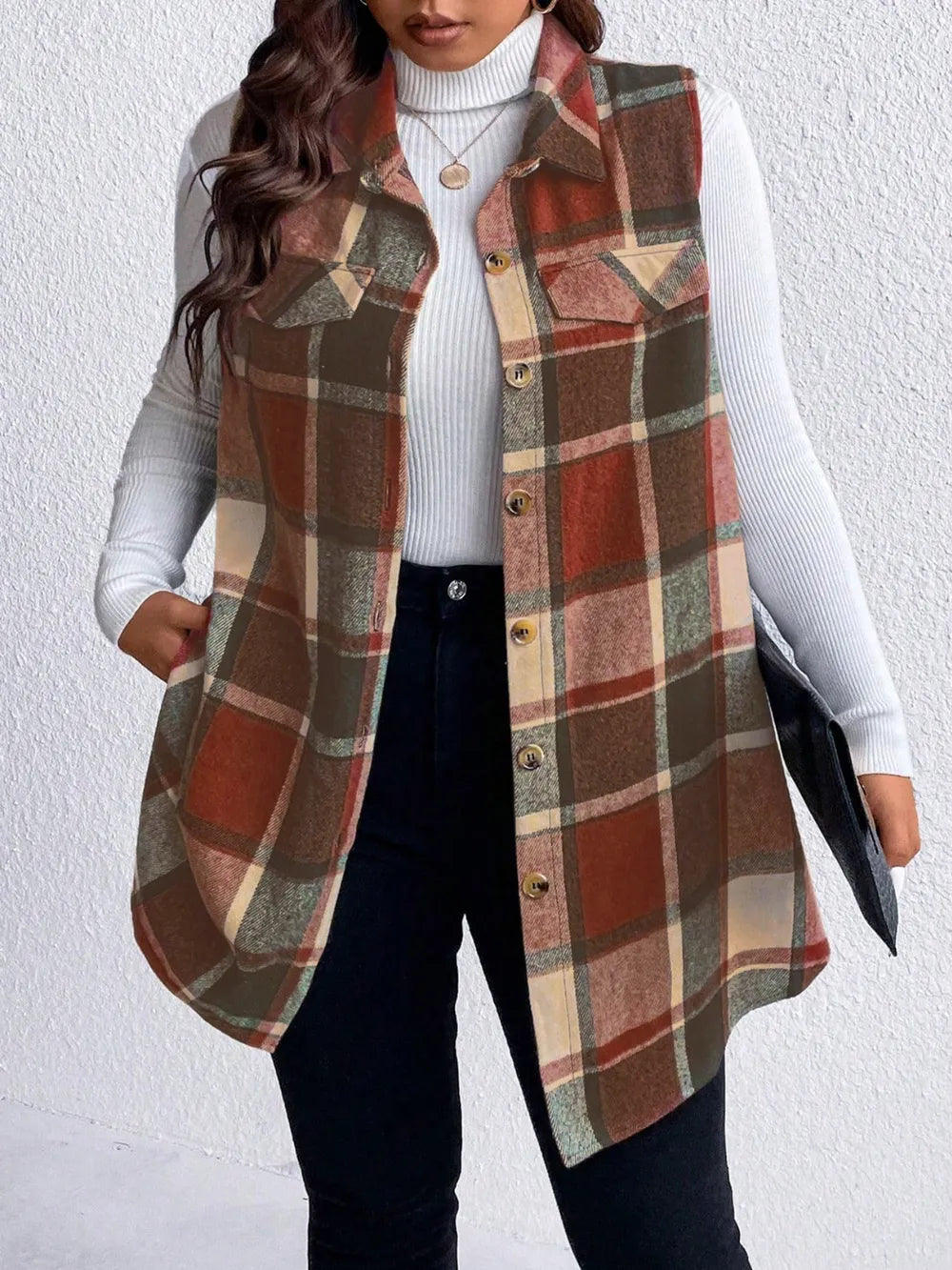 Honey Plus Size Pocketed Plaid Button Up Vest Coat 