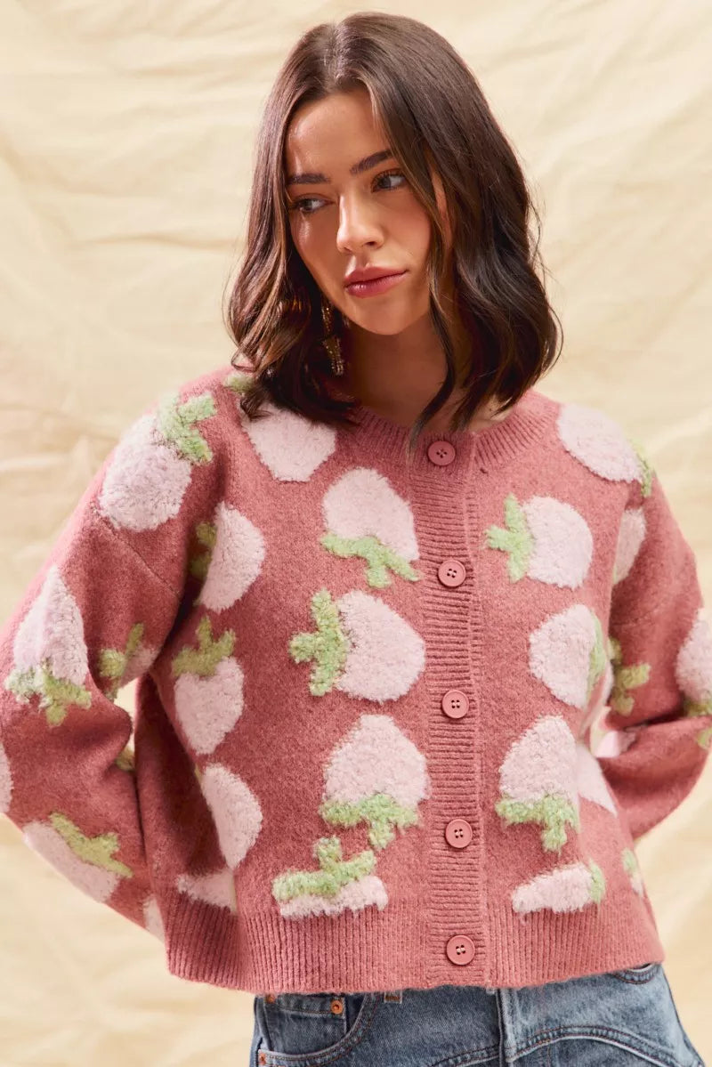 SO ME Strawberry Fruit All Over Button Sweater Cardigan 
