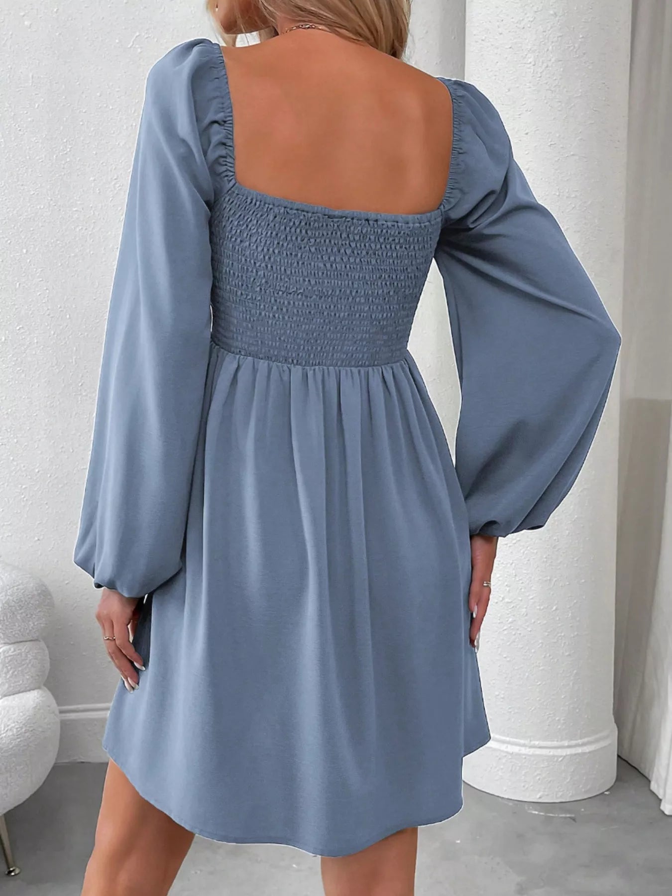 Ruched Square Neck Long Sleeve A-Line Dress 