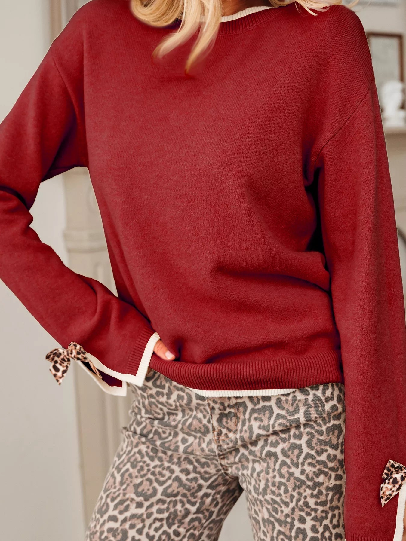 Leopard Bow Decor Split Cuff Contrast Trim Sweater 