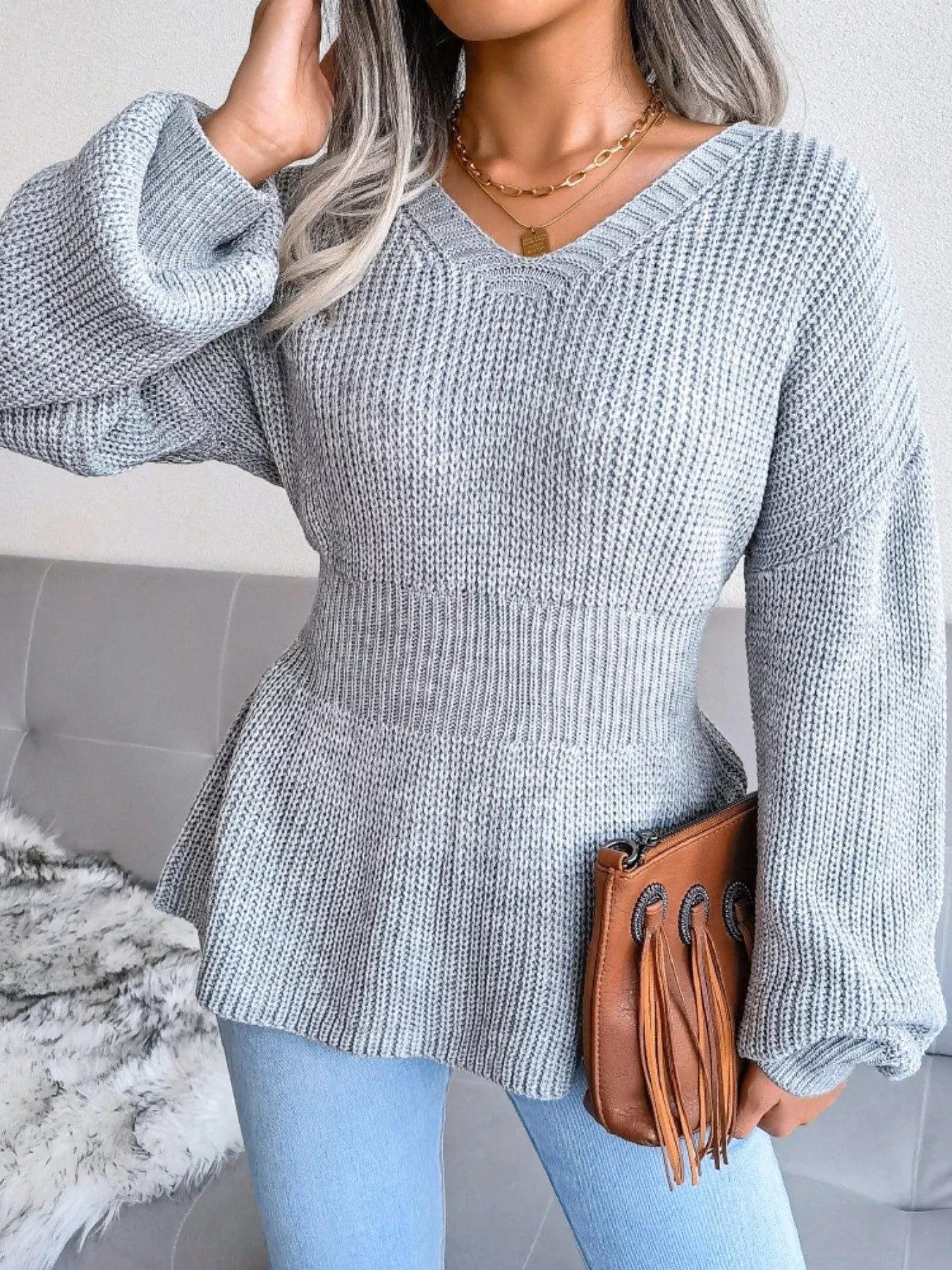 V-Neck Dropped Shoulder Sweater 