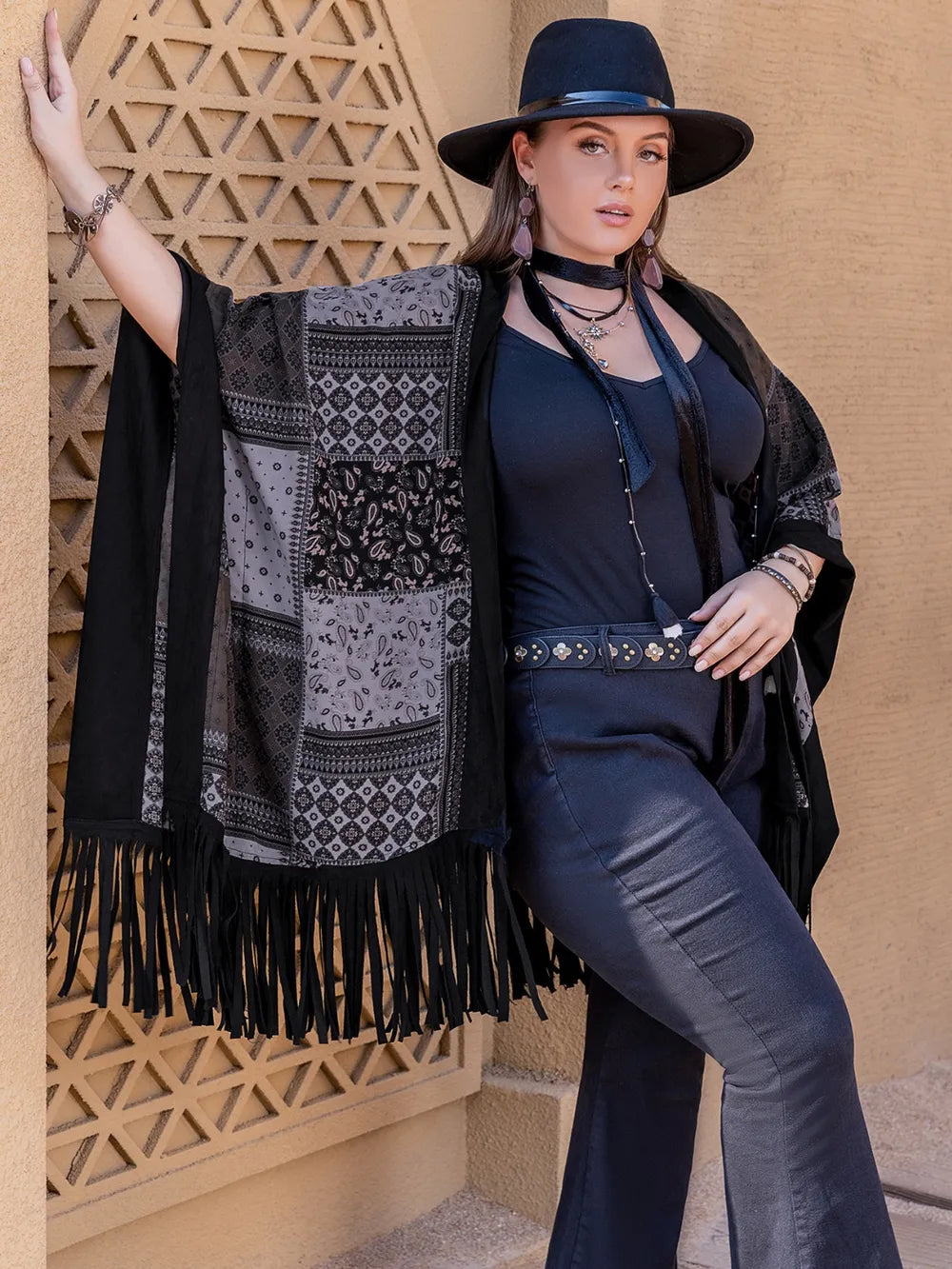 Plus Size Printed Fringe Open Front Outerwear 