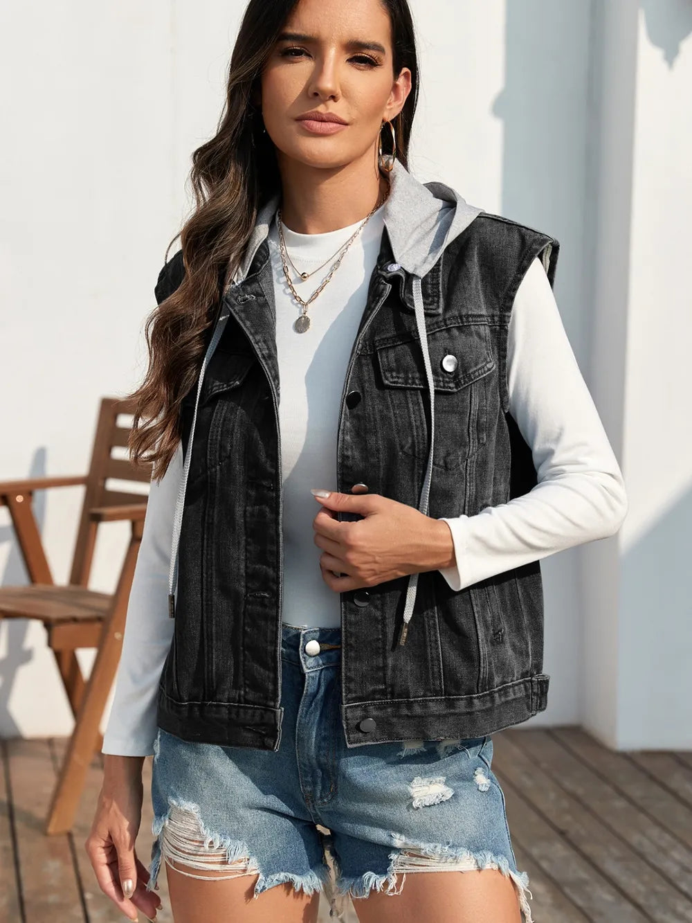 Pocketed Button Up Hooded Denim Jacket 
