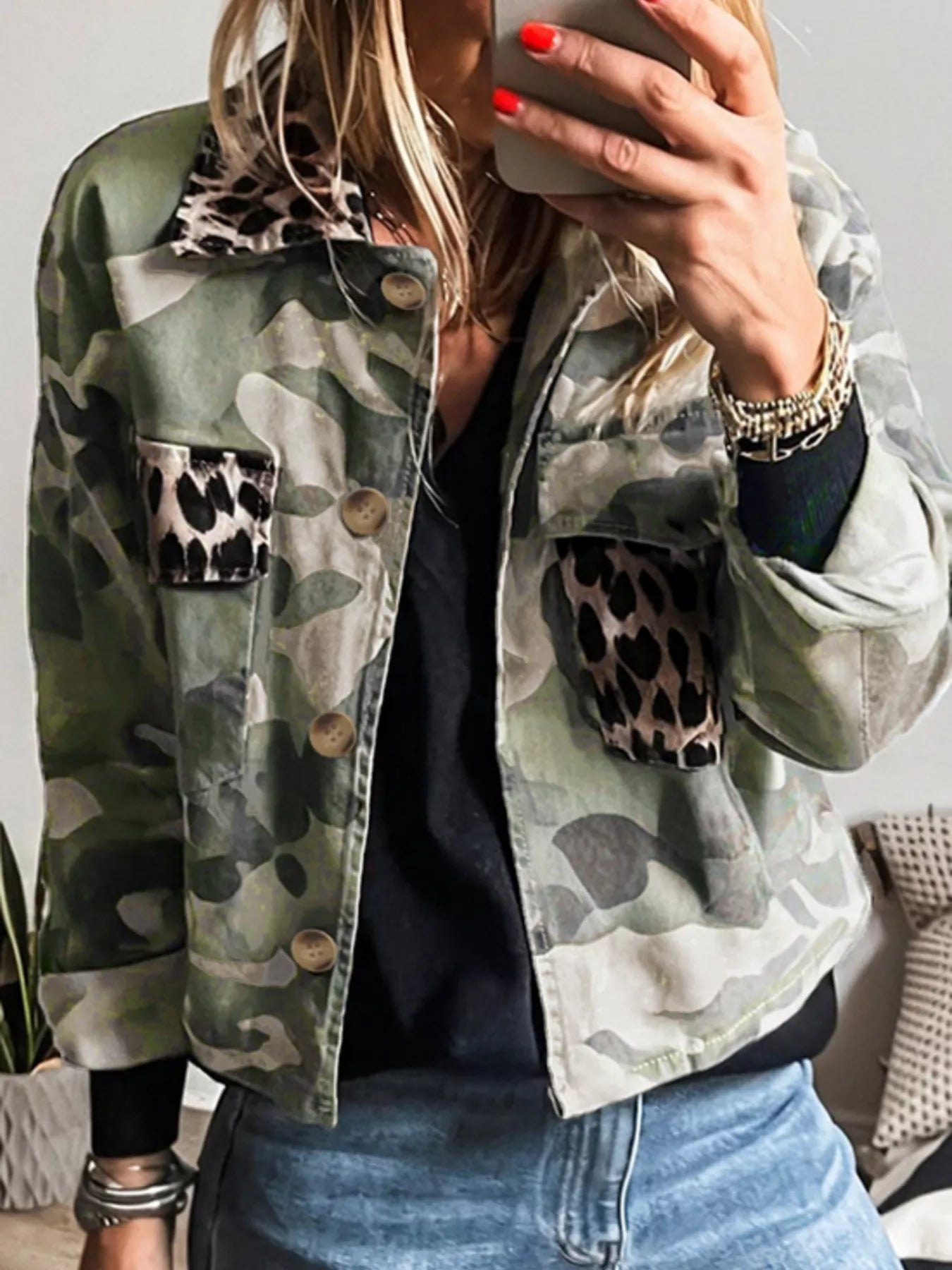 Camo Print Leopard Trim Button Up Jacket 