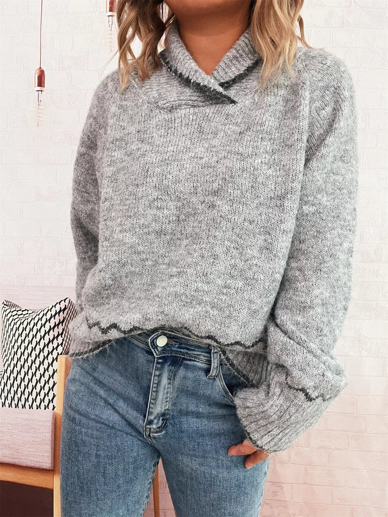 Ribbed Contrast Trim Long Sleeve Sweater 