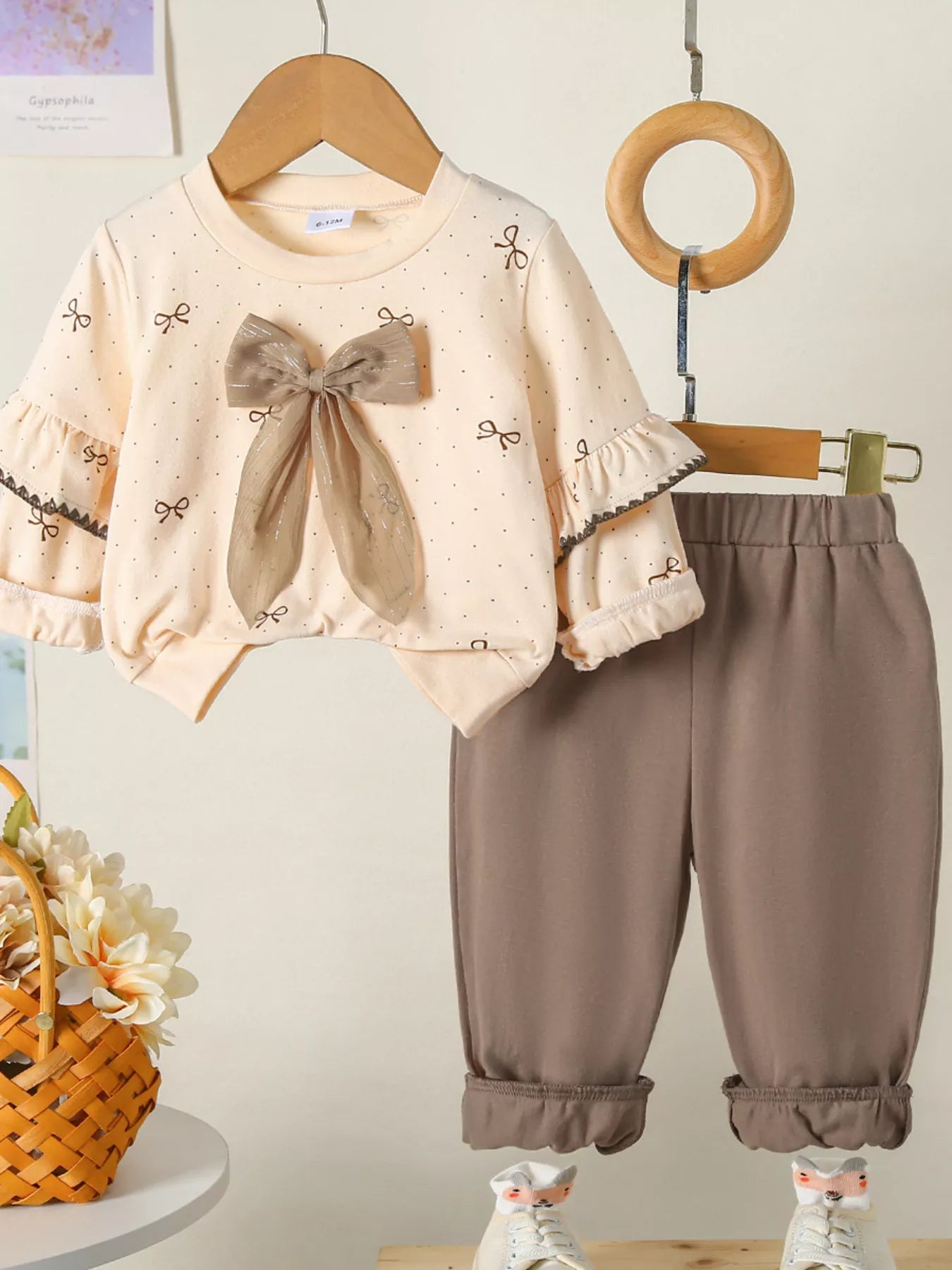 Children's Bowknot Ruffle Sleeve Top and Pants Set 