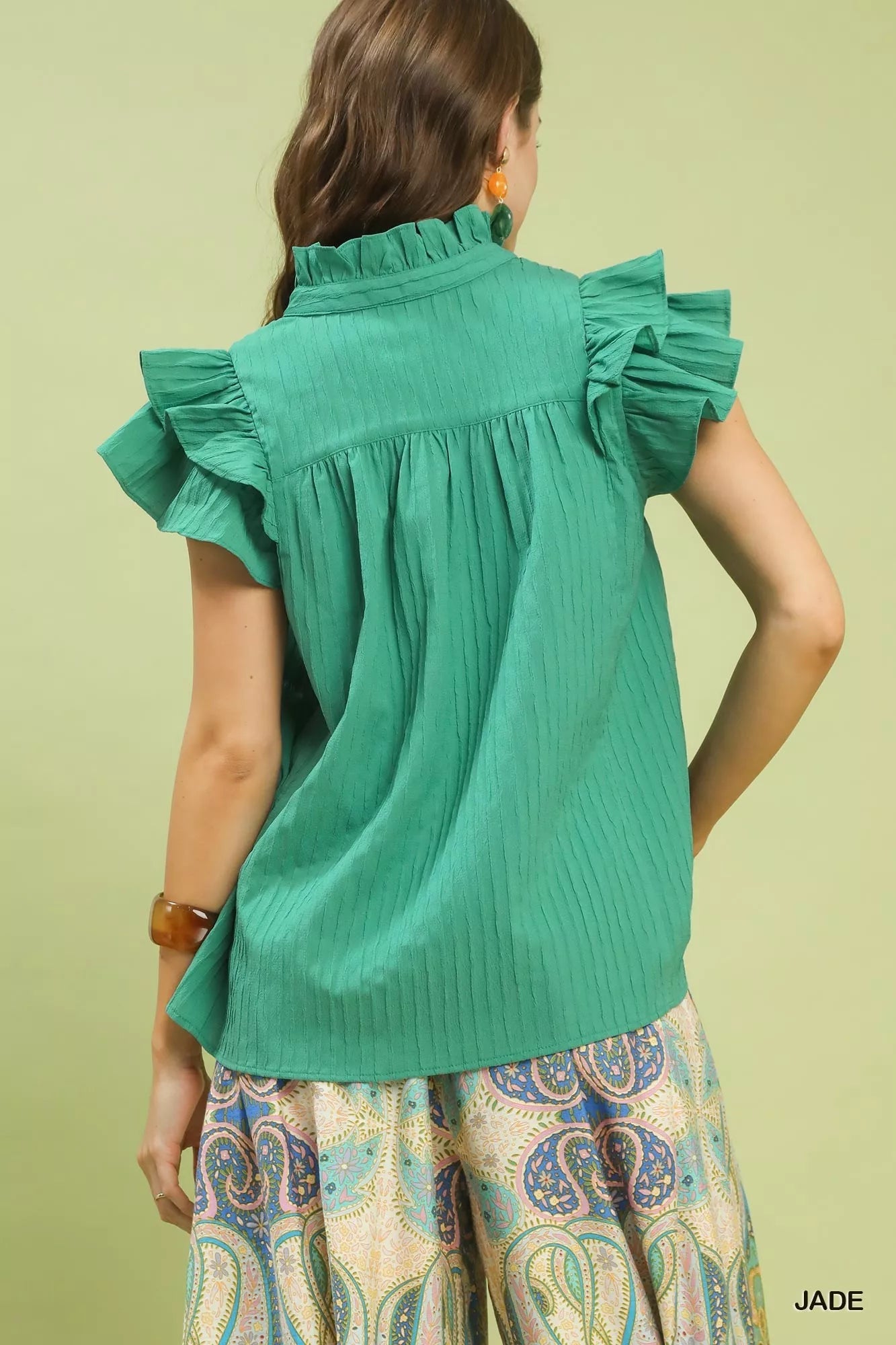 Umgee Ruffle Sleeve Textured Babydoll Blouse 