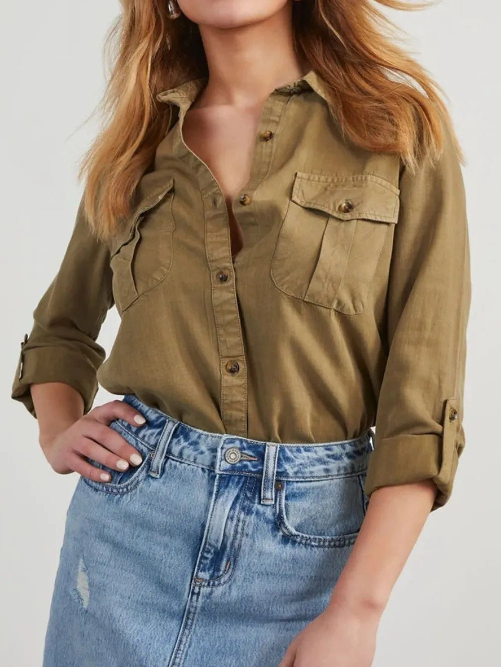 Collared Neck Roll-Tab Sleeve Denim Top 