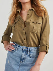 Collared Neck Roll-Tab Sleeve Denim Top 