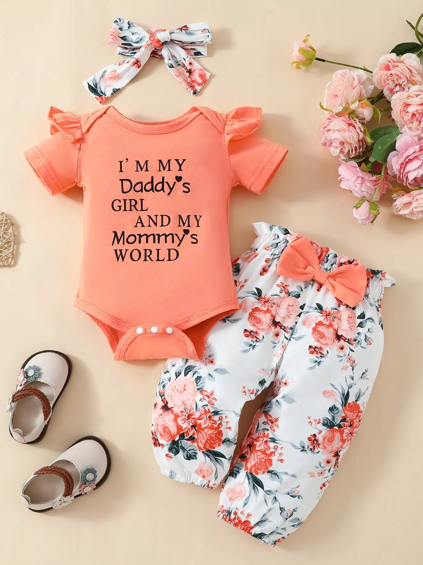 Children's Ruffled Short Sleeve Bodysuit and Pants Set with Headband 