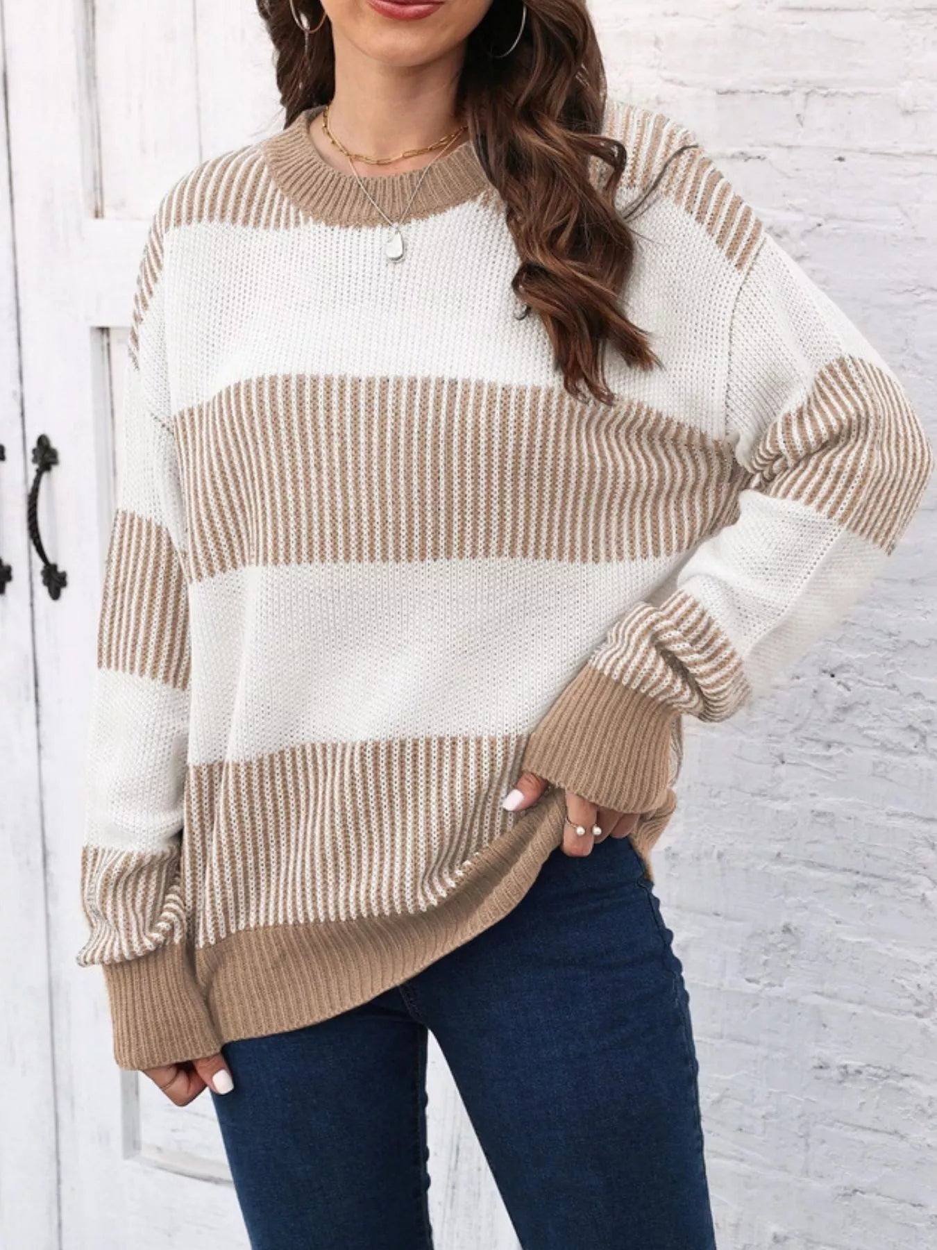 Full Size Color Block Dropped Shoulder Sweater Plus Size 