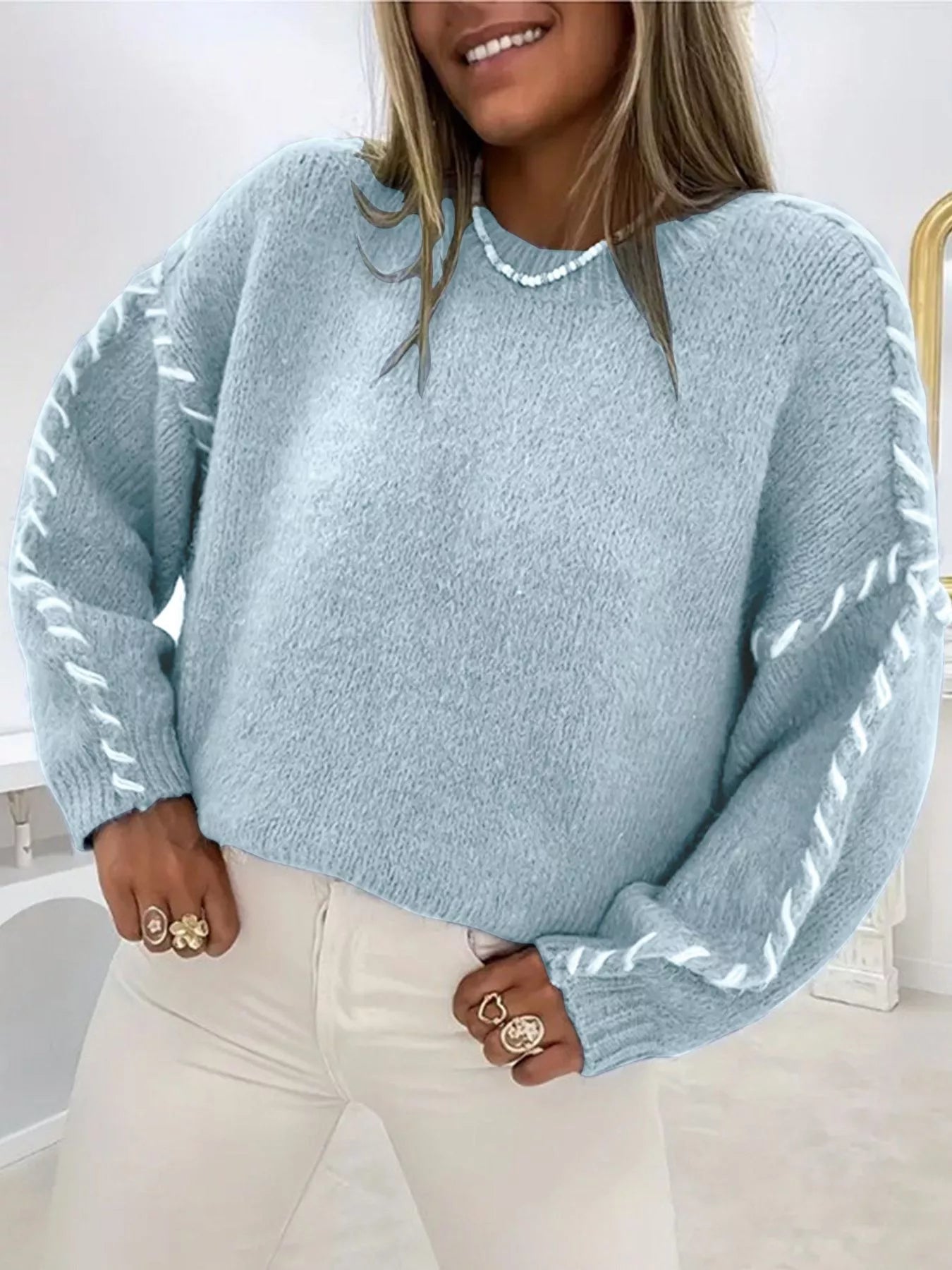 Contrast Stitching Dropped Shoulder Sweater 