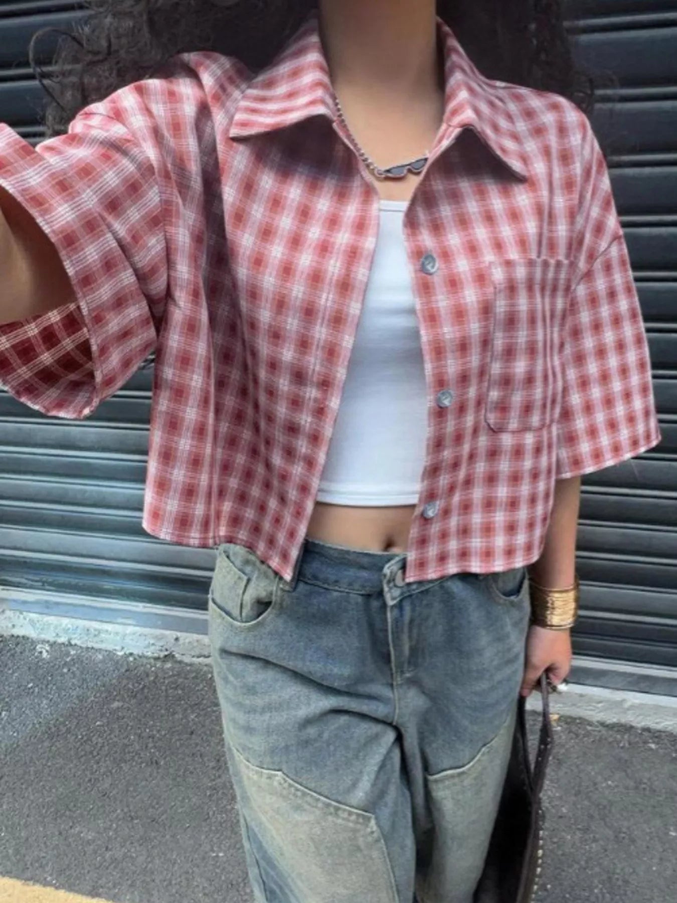Plaid Button Up Cropped Shirt 