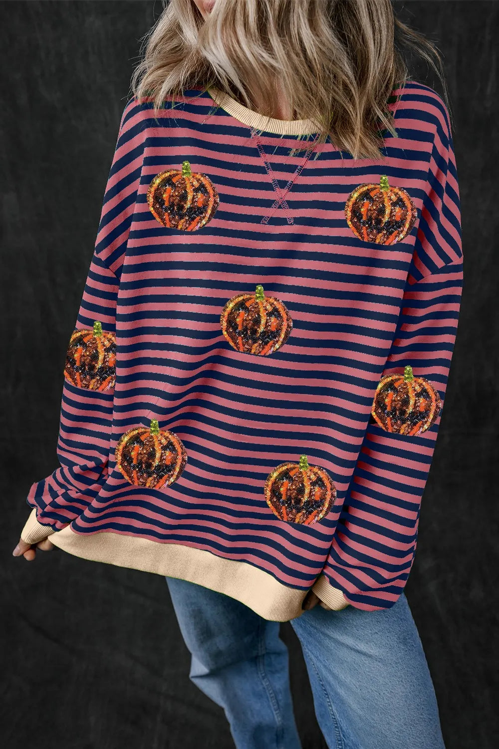Pumpkin Striped Round Neck Long Sleeve Sweatshirt 