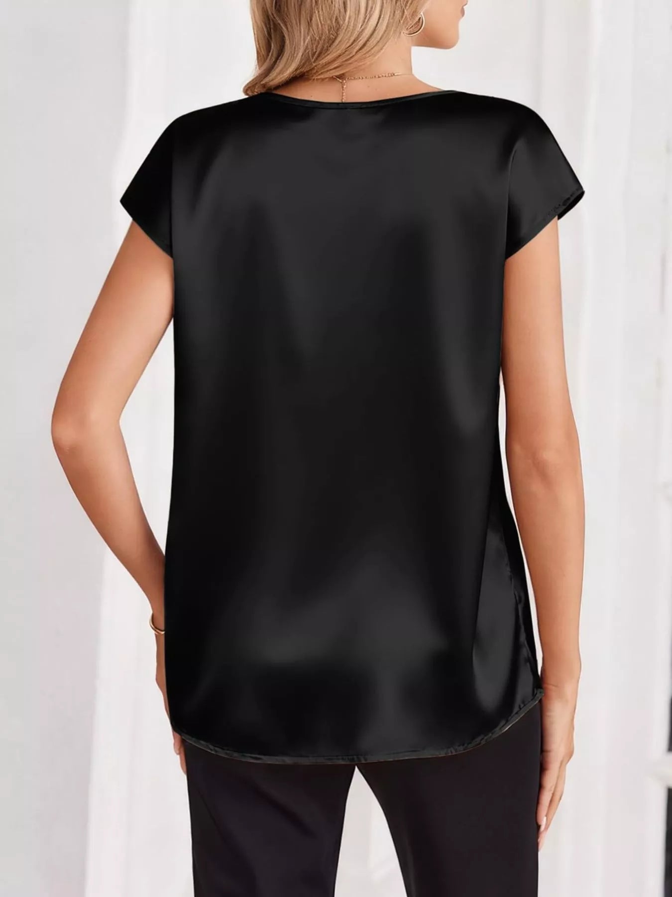 Satin V-Neck Cap Sleeve Blouse 