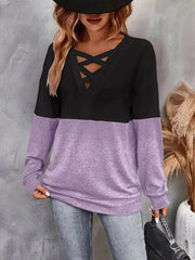 Crisscross V-Neck Color Block Long Sleeve T-Shirt 