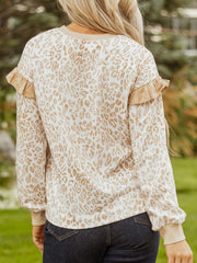 Leopard Ruffle Detail Ribbed Trim Round Neck Sweatshirt 