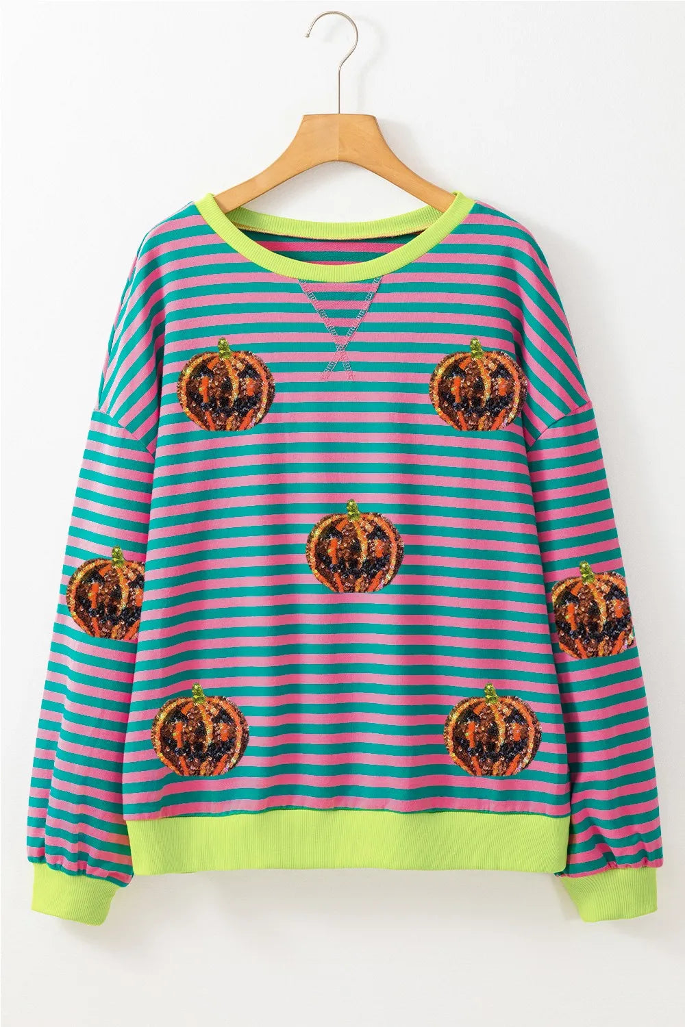 Pumpkin Striped Round Neck Long Sleeve Sweatshirt 