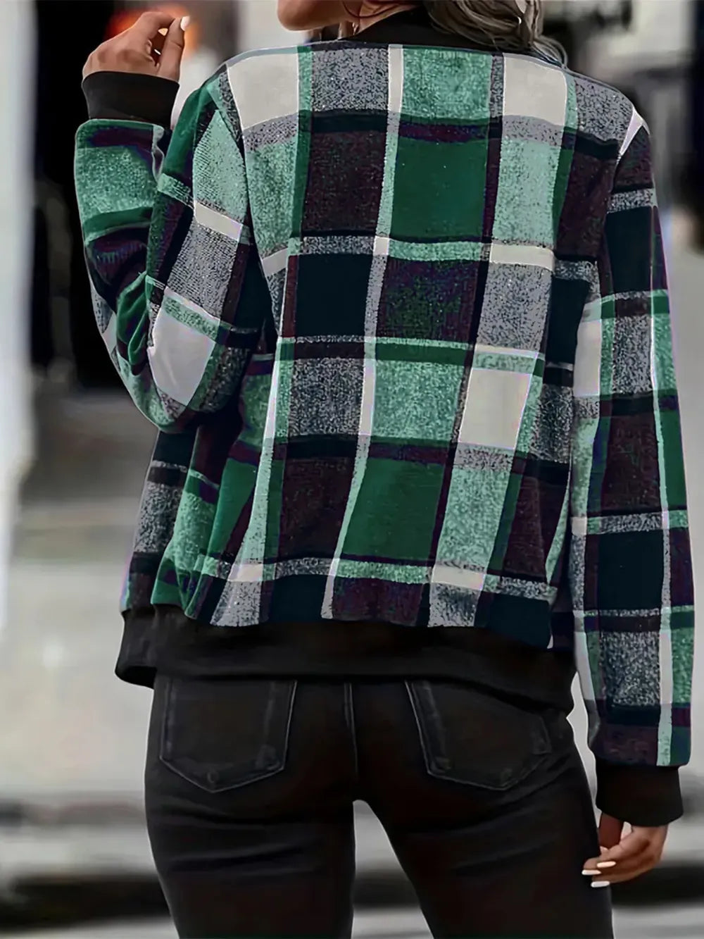 Plus Size Plaid Baseball Collar Zip Up Jacket 