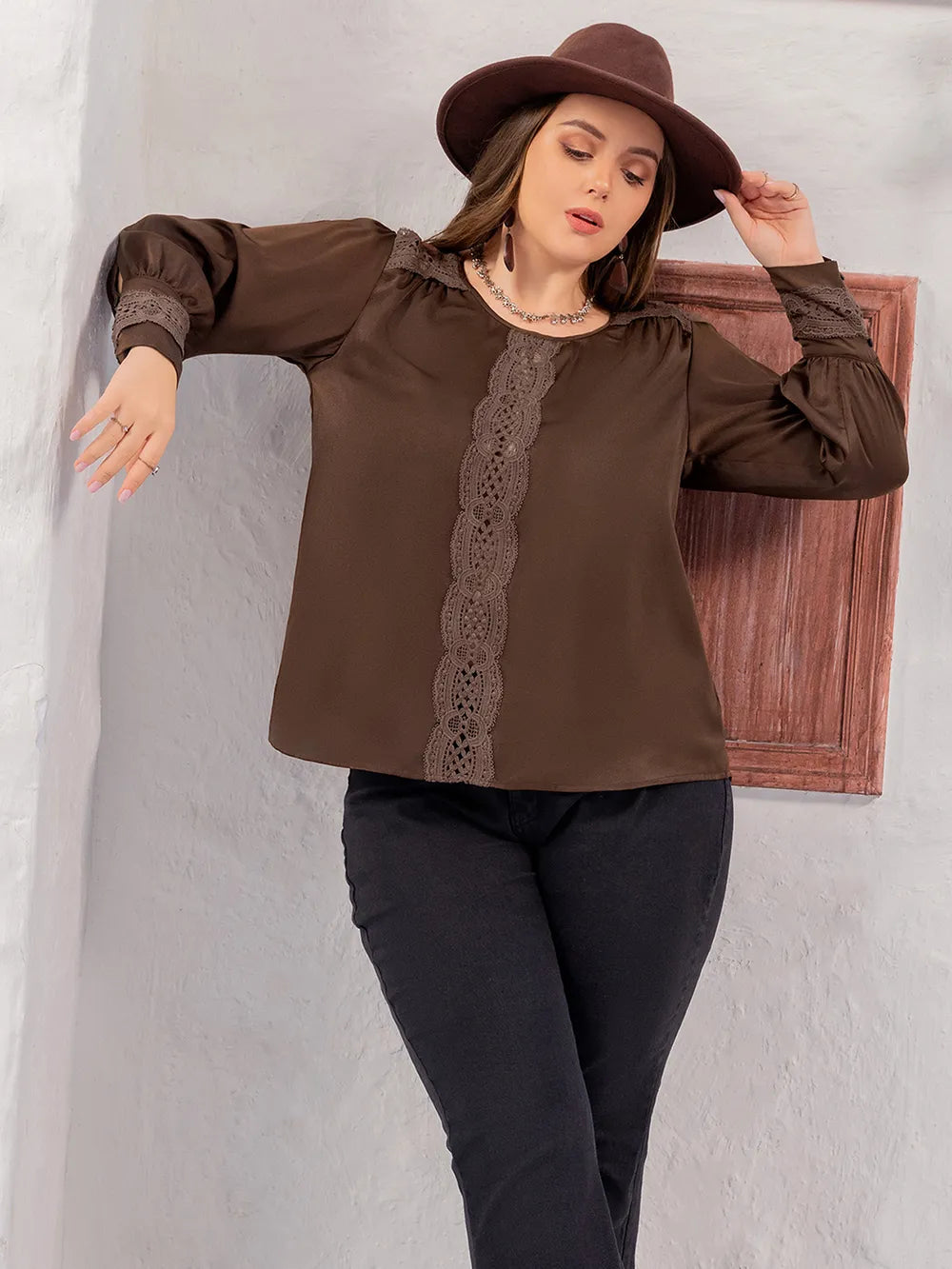 Plus Size Lace Detail Round Neck Long Sleeve Blouse 