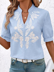 Embroidered Notched Short Sleeve Blouse 