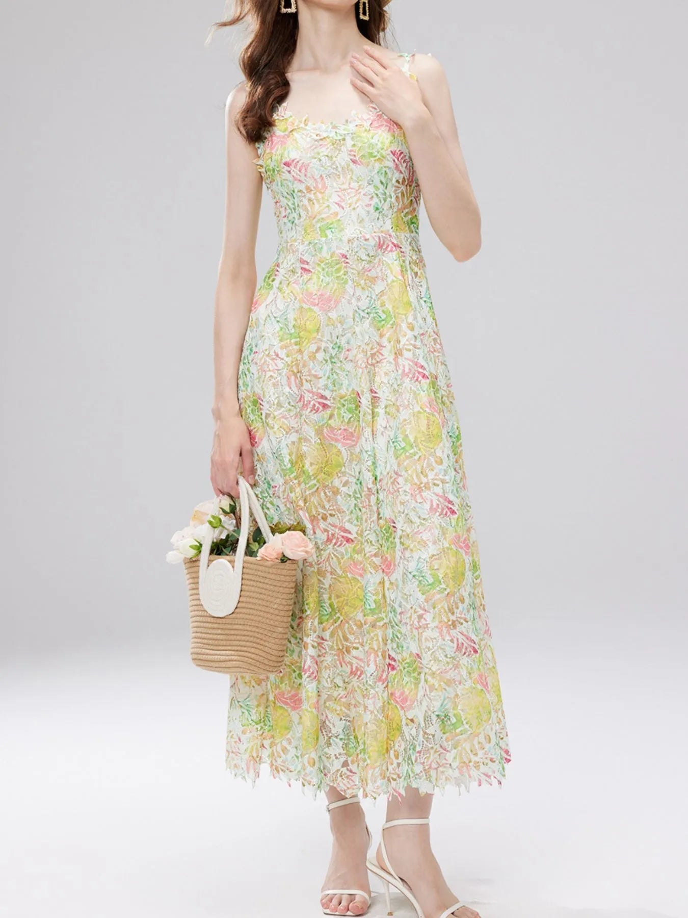 Floral Lace Sleeveless V-Neck Midi Dress 