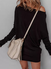 Asymmetric Neck Batwing Sleeve Shift Mini Sweater Dress 