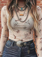 Western Print Slim Fit Mesh Long Sleeve Mock Neck Top 