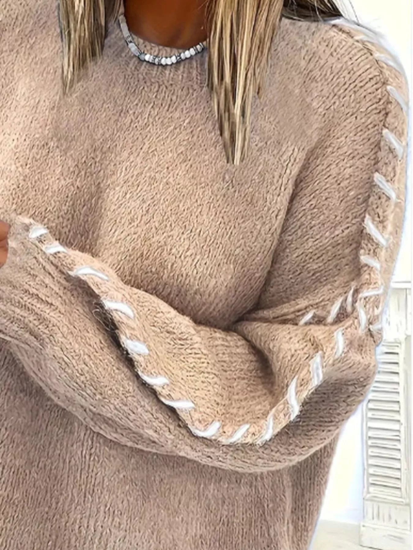 Contrast Stitching Dropped Shoulder Sweater 
