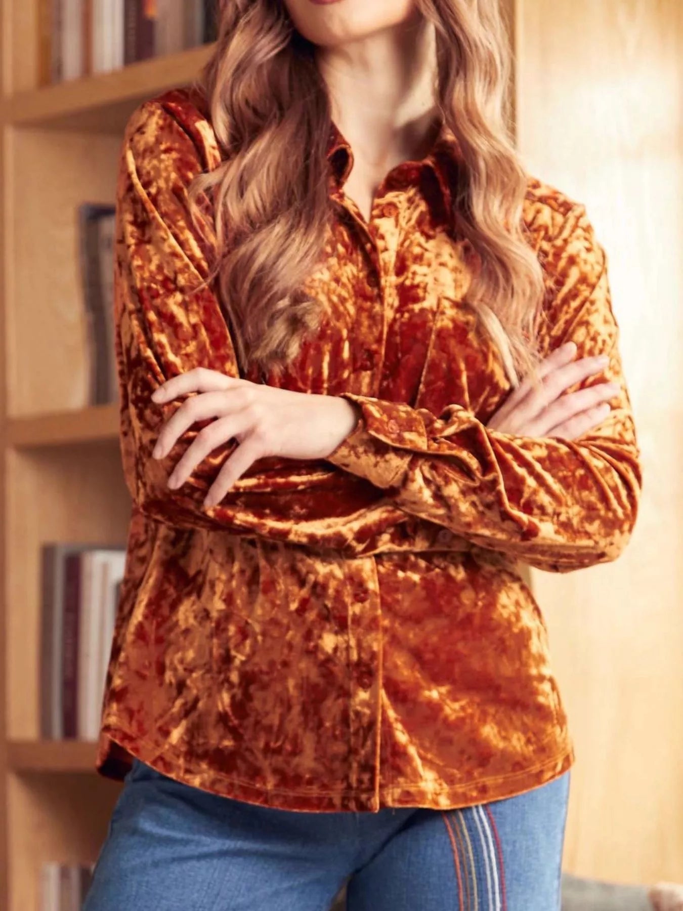 Velvet Button-Down Long Sleeve Shirt 