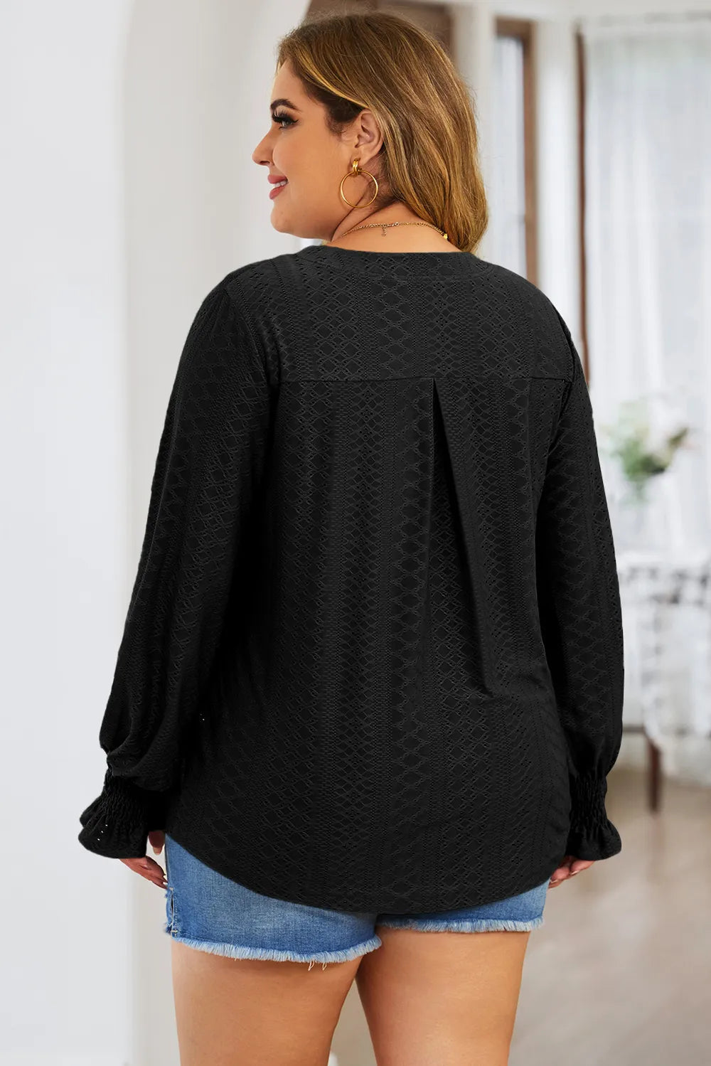 Plus Size Eyelet Notched Flounce Sleeve Blouse 