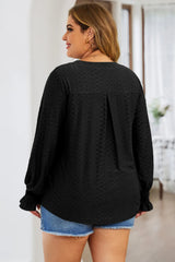 Plus Size Eyelet Notched Flounce Sleeve Blouse 
