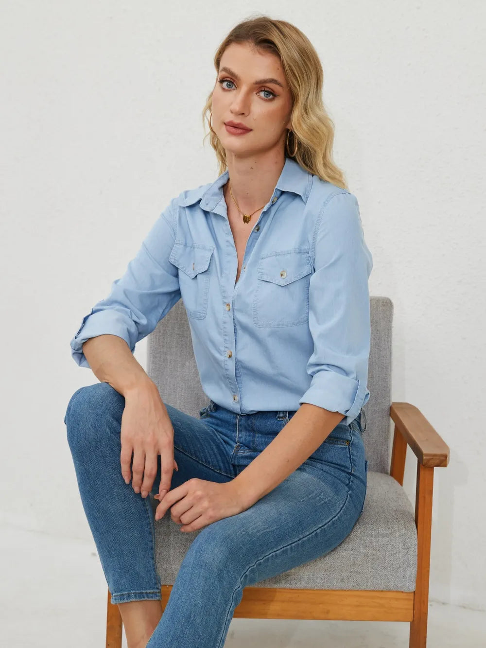 Pocketed Button Up Long Sleeve Denim Shirt 