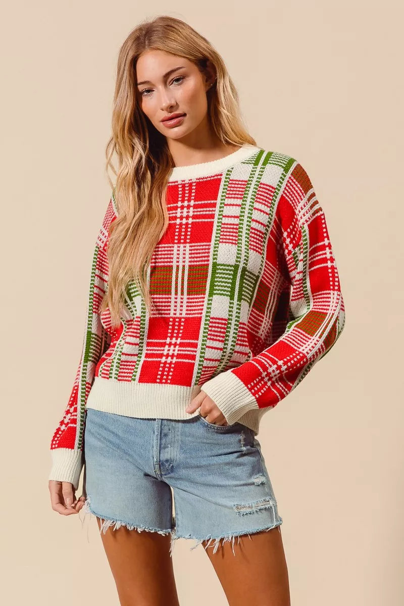 SO ME Christmas Color Checkered Plaid Crew Neck Sweater 