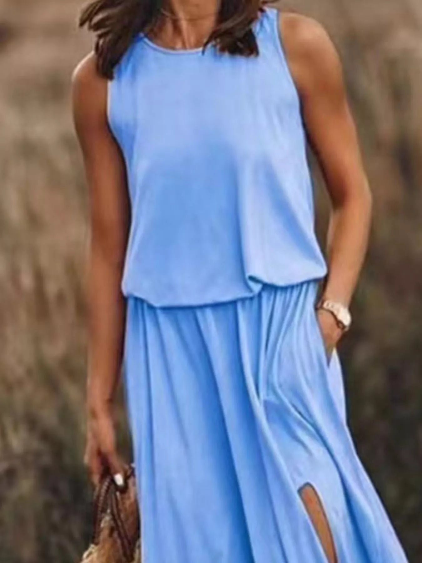 Full Size Round Neck Sleeveless Slit Maxi Dress Plus Size 