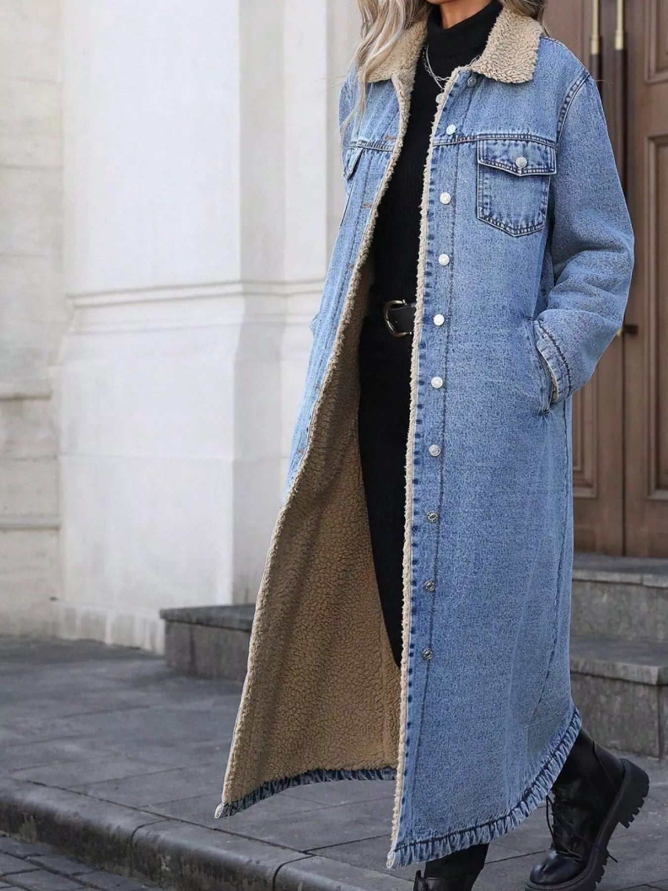 Sherpa Lined Longline Denim Jacket 