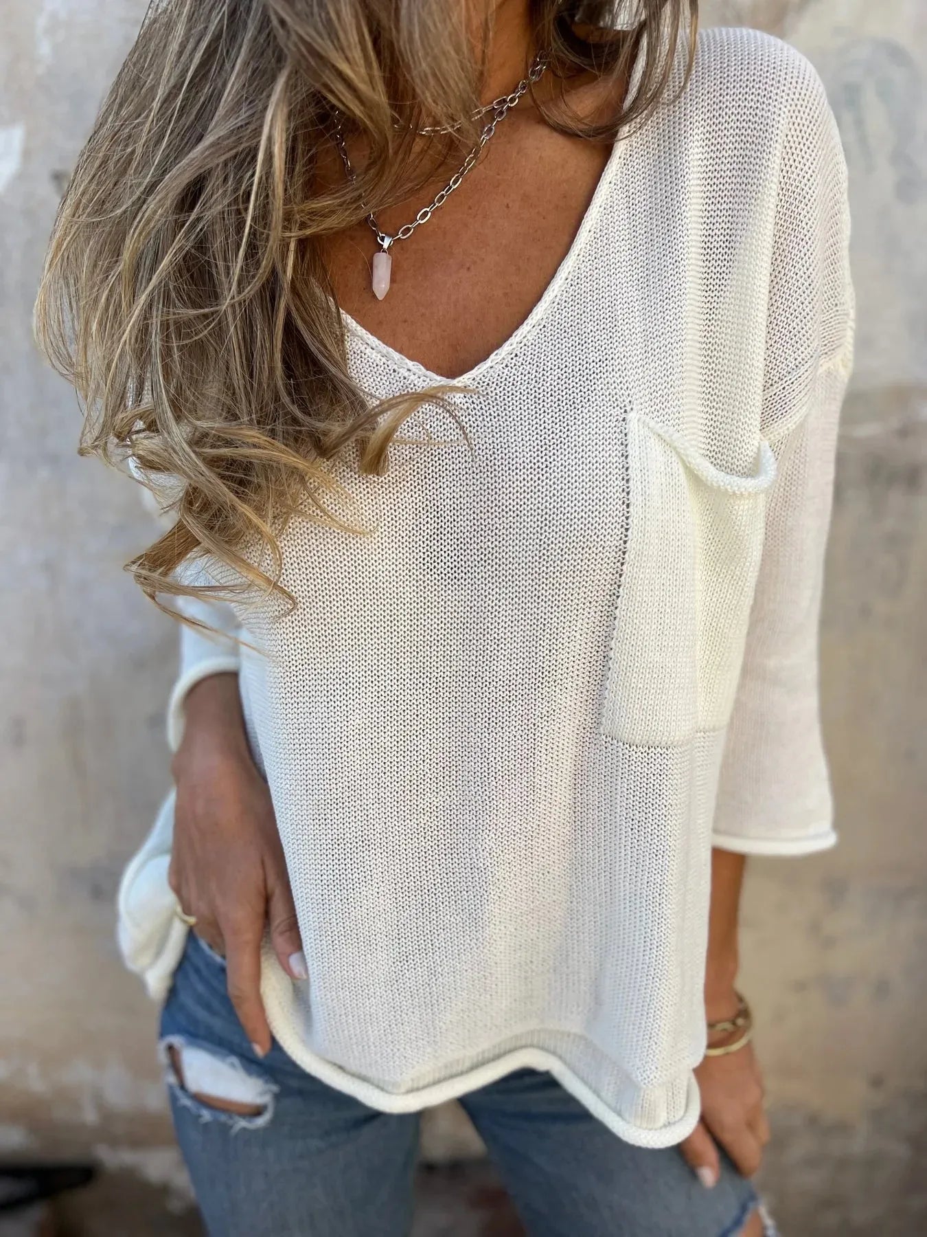 Full Size Casual V-Neck Knit Sweater Plus Size 