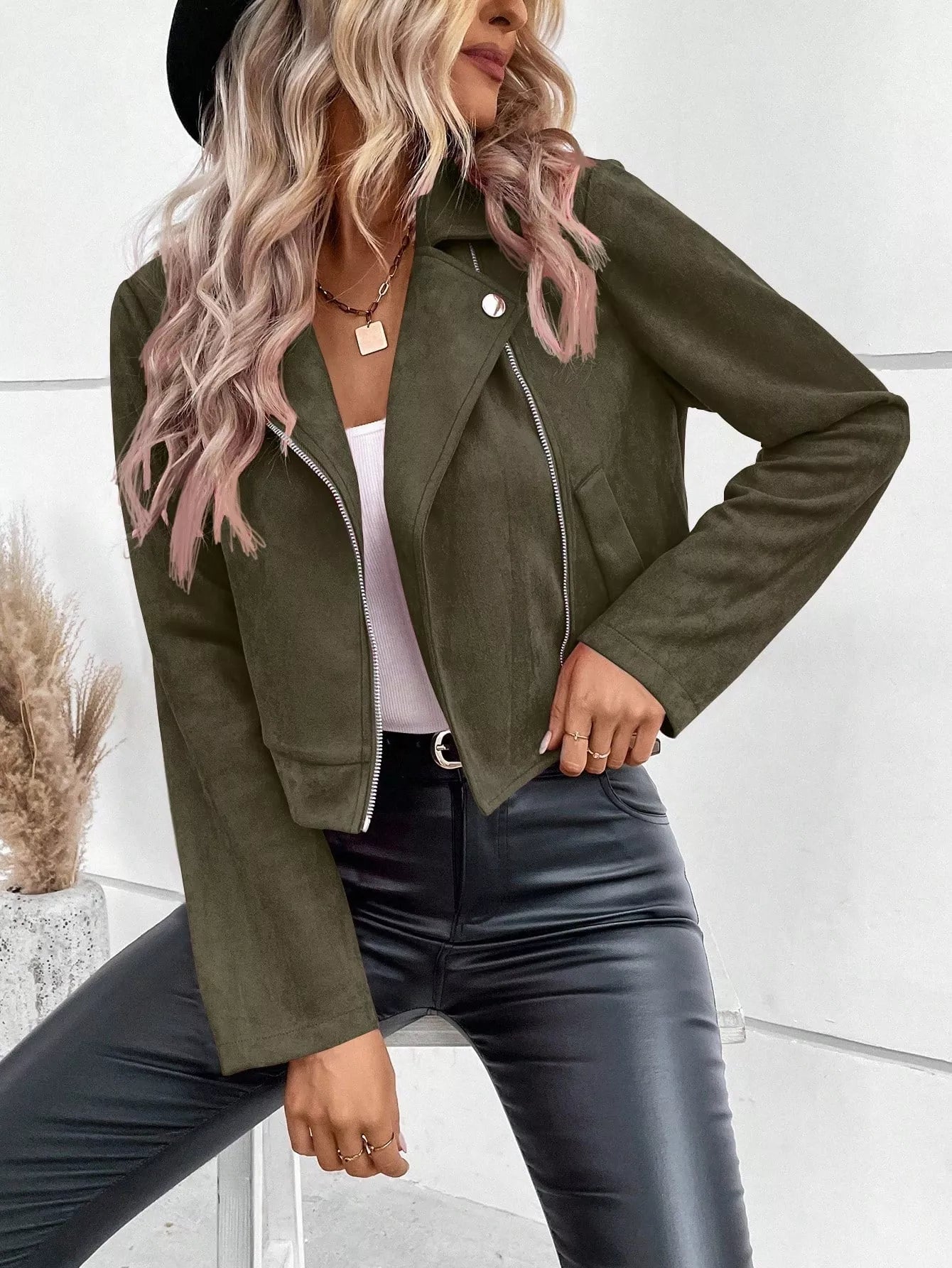 Suede Moto Jacket with Zip Detail 