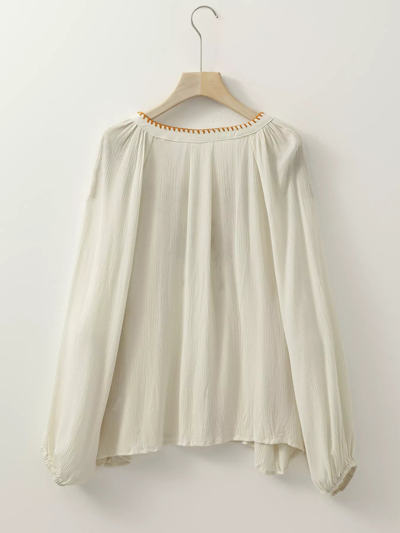 Floral Embroidered Textured Puff Sleeve Loose Shirt 